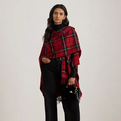 Ralph Lauren Plaid Faux-leather-trim Ruana In Red