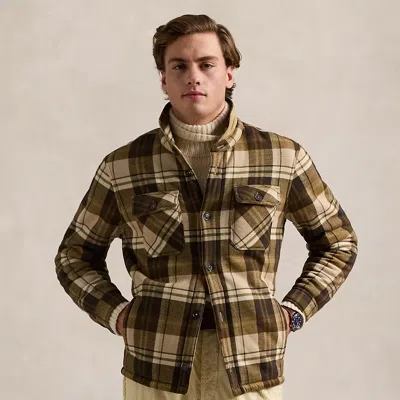 Polo Ralph Lauren Plaid Fleece Shirt Jacket In Tan Uneven Plaid
