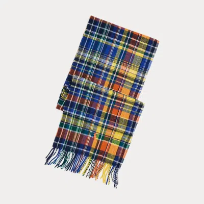 Polo Ralph Lauren Plaid Fringe Wool Scarf In Orange Multi
