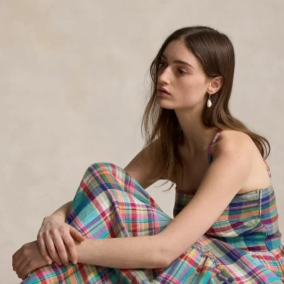 Ralph Lauren Plaid Linen Midi Dress In Multi Plaid