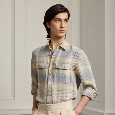 Ralph Lauren Plaid Linen Shirt In Infinity Blue