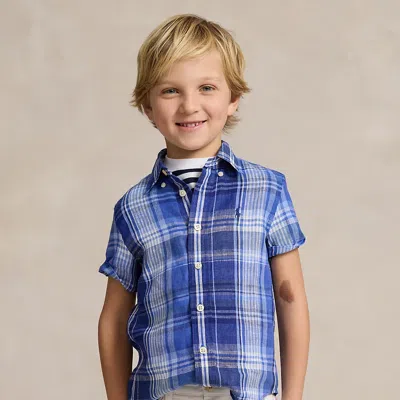 Ralph Lauren Kids' Plaid Linen Short-sleeve Shirt In Blue