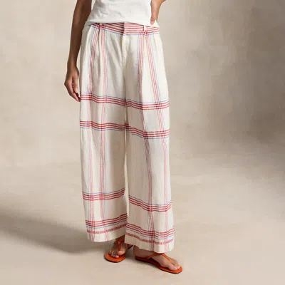 Ralph Lauren Plaid Linen Wide-leg Cropped Pant In White