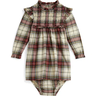 RALPH LAUREN RALPH LAUREN PLAID LONG SLEEVE COTTON SMOCKED BODICE DRESS & BLOOMERS
