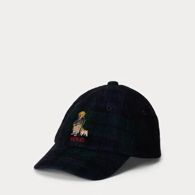 Ralph Lauren Babies'  Plaid Polo Bear Corduroy Ball Cap In Black