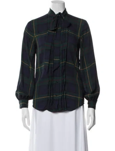 Pre-owned Ralph Lauren Plaid Print Tie Neck Blouse In Green