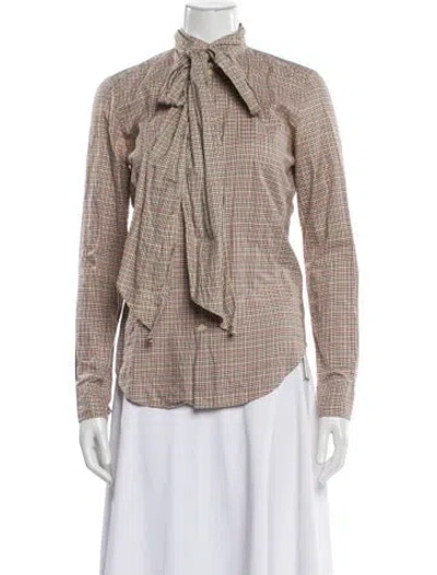 Pre-owned Ralph Lauren Plaid Print Tie Neck Blouse In Neutral