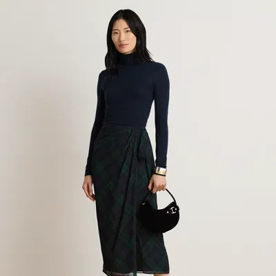 Ralph Lauren Plaid Tie-front Georgette Midi Skirt In Black Watch Plaid In Blue
