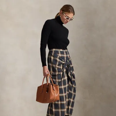 Polo Ralph Lauren Plaid Tie-front Skirt In Navy Brown Plaid In Black