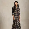 Ralph Lauren Plaid And Twill Patchwork Midi Shirt Dress In Black