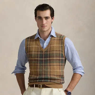 Ralph Lauren Plaid Wool-cotton Sweater Vest In Tan Combo