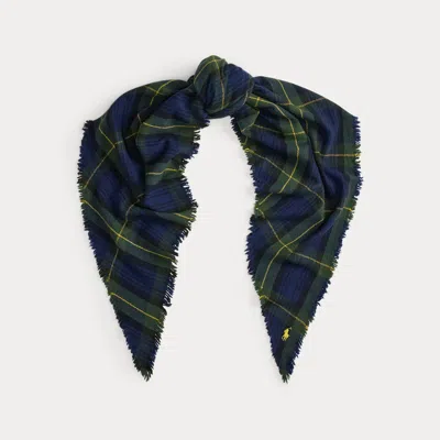 Ralph Lauren Plaid Wool Triangle Wrap Scarf In Blue