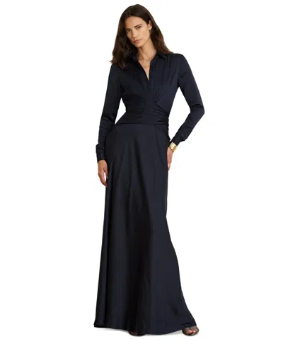 Ralph Lauren Pleated Button-up Charmeuse Gown In Lauren Navy