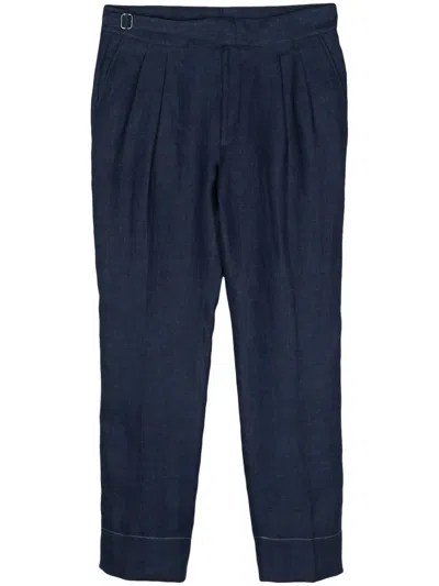 Ralph Lauren Pleated Linen Tapered Trousers In Blue