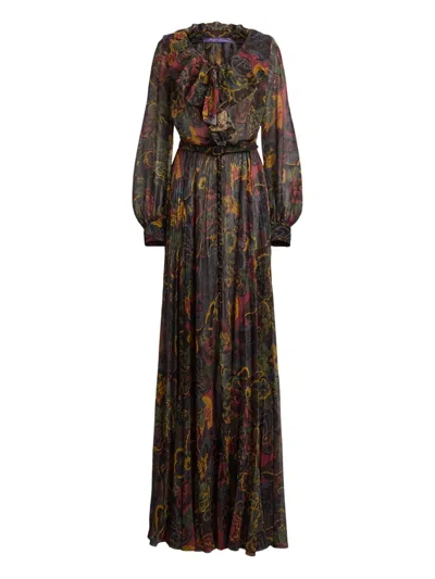 Ralph Lauren Pleated Ruffle-neck Maxi Dress In Multi