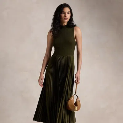 Polo Ralph Lauren Pleated Sleeveless Mockneck Dress In Dark Loden