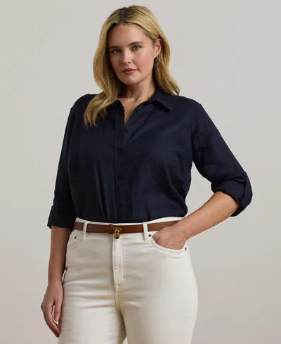 Ralph Lauren Plus Size 100% Linen Roll-tab Shirt In Blue