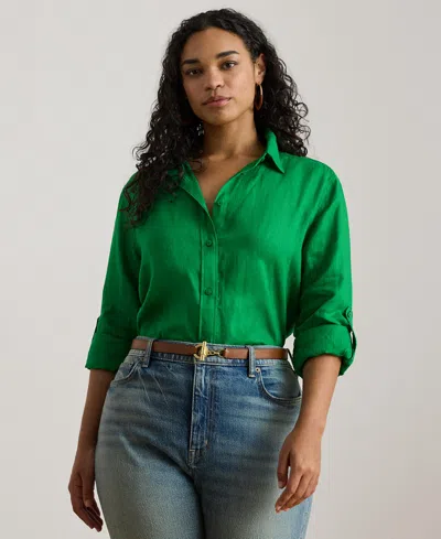 Ralph Lauren Plus Size 100% Linen Roll-tab Shirt In Green