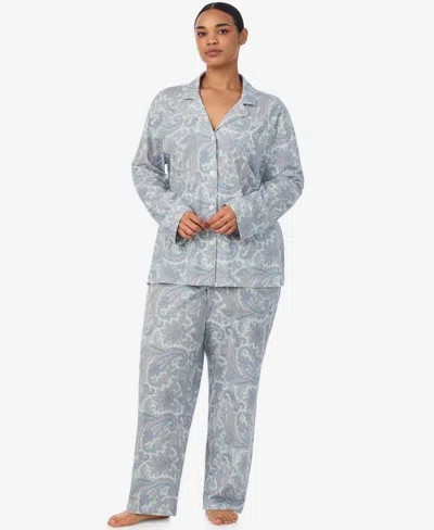 Ralph Lauren Plus Size 2-piece Long Sleeve Top And Pants Pajama Set In Gray