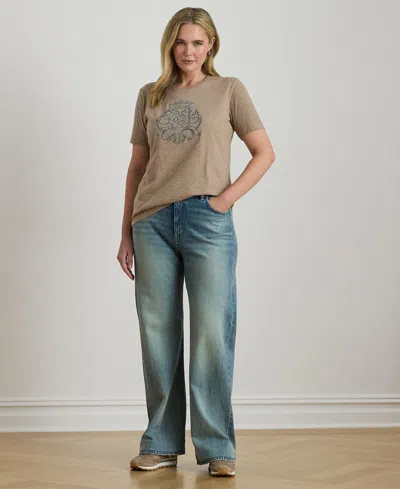 Ralph Lauren Plus Size Beaded-crest Cotton Jersey T-shirt In Gray