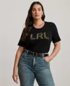 Ralph Lauren Plus Size Beaded-logo Cotton Jersey Tee In Black