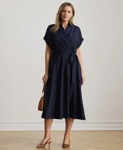 Ralph Lauren Plus Size Belted Crepe Surplice Neck Maxi Dress In Blue