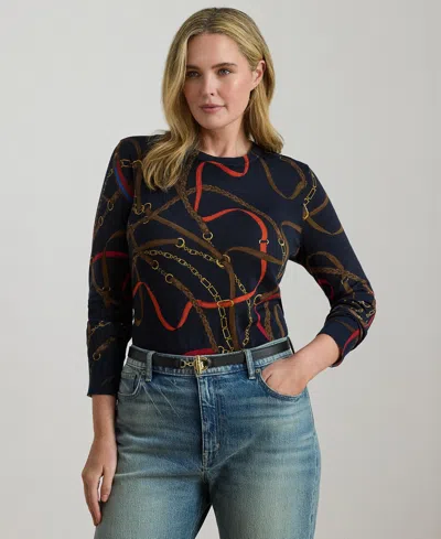 Ralph Lauren Plus Size Belting-print Long-sleeve Sweater In Multi