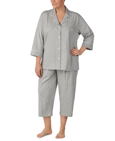 Ralph Lauren Plus Size Button-front Top And Pants Pajama Set In Gray