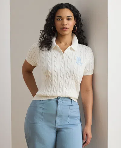 Ralph Lauren Plus Size Cable-knit Cotton Polo Sweater In White