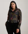 Ralph Lauren Plus Size Classic Fit Belting-print Satin Shirt In Black