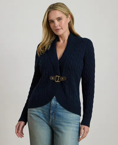Ralph Lauren Plus Size Cotton Ribbed Shawl-collar Cardigan Top In Black