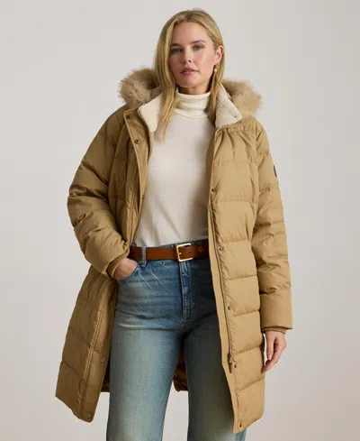 Ralph Lauren Plus Size Faux-fur-trim Hooded Puffer Coat In Brown
