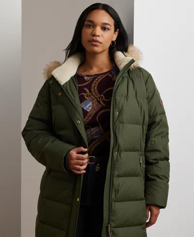 Ralph Lauren Plus Size Faux-fur-trim Hooded Puffer Coat In Green