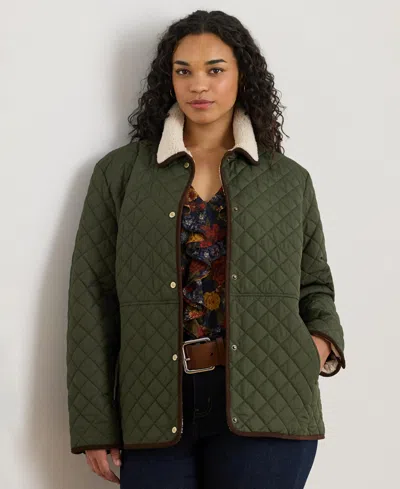 Ralph Lauren Plus Size Faux-sherpa-collar Quilted Coat In Green
