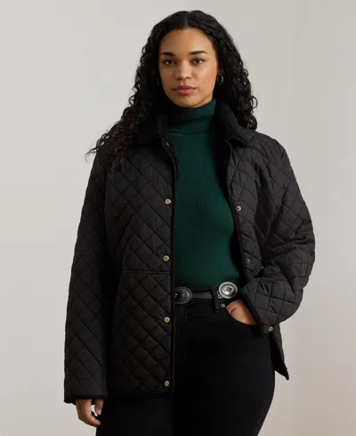 Ralph Lauren Plus Size Faux-sherpa-collar Quilted Coat In Black