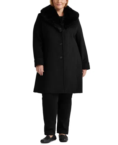 Ralph Lauren Plus Size Faux-fur-collar Coat, Created For Macy's In Black