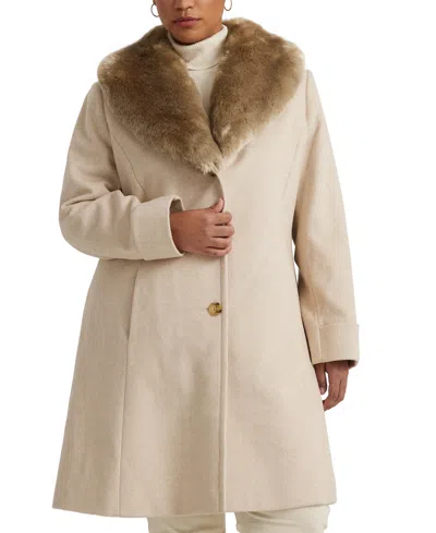 Ralph Lauren Plus Size Faux-fur-collar Coat, Created For Macy's In Cream,beige