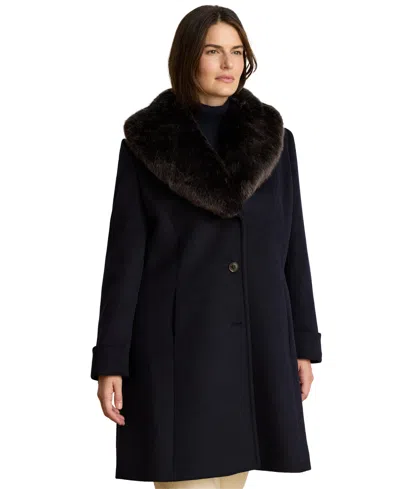 Ralph Lauren Plus Size Faux-fur-collar Coat, Created For Macy's In Regal Navy