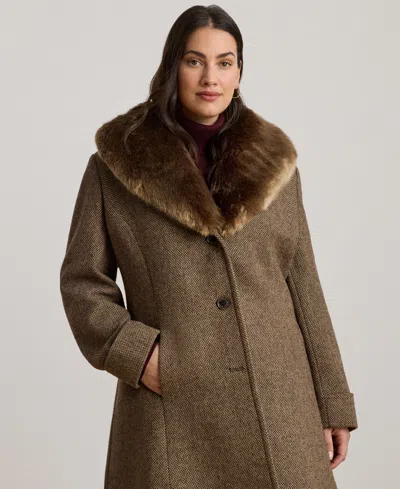 Ralph Lauren Plus Size Faux-fur-collar Coat, Created For Macy's In Truffle Broken Twill