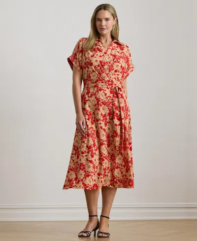 Ralph Lauren Plus Size Floral Belted Crepe Collared Neck Maxi Dress In Red,tan