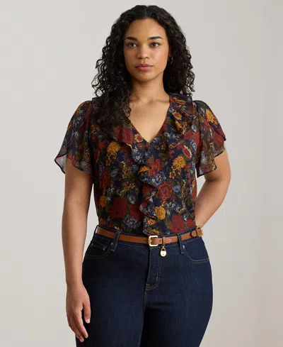 Ralph Lauren Womens Floral Ruffle Trim Georgette Blouse P Xs Xxl In Multi