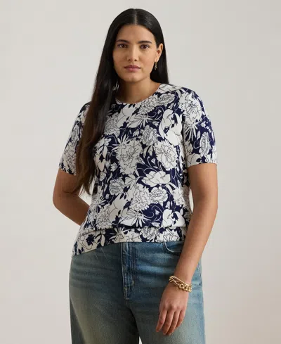 Ralph Lauren Plus Size Floral Short-sleeve Sweater In Blue