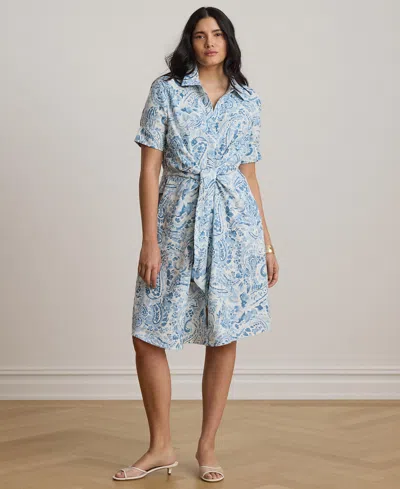 Ralph Lauren Plus Size Floral Tie-front Collared Shirtdress In Blue