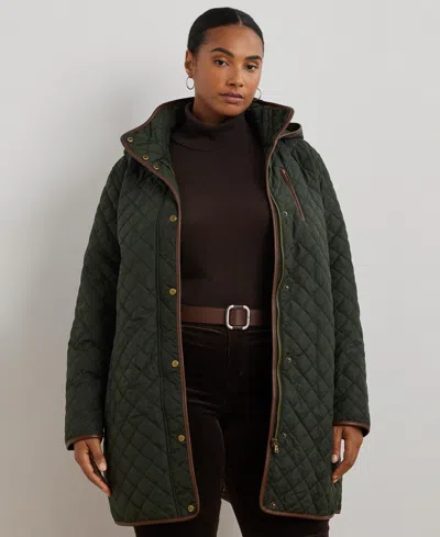 Ralph Lauren Plus Size Hooded Quilted Faux-suede-trim Coat In Green