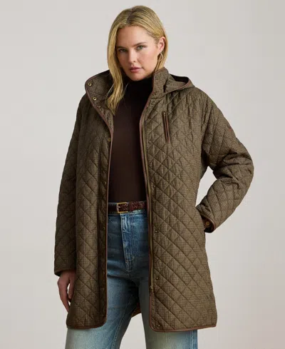 Ralph Lauren Plus Size Hooded Quilted Faux-suede-trim Coat In Green