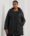 Ralph Lauren Plus Size Hooded Quilted Faux-suede-trim Coat In Black