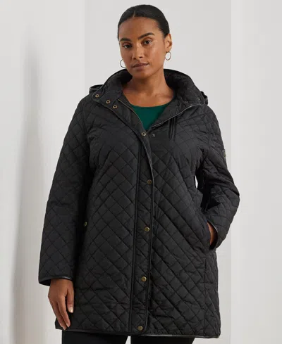 Ralph Lauren Plus Size Hooded Quilted Faux-suede-trim Coat In Black