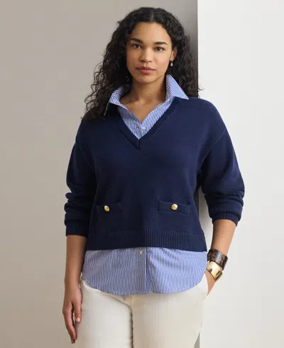 Ralph Lauren Plus Size Layered Button-trim Cotton V-neck Sweater In Blue