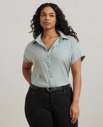 Ralph Lauren Plus Size Linen Dolman Sleeve Top In Aqua Pearl