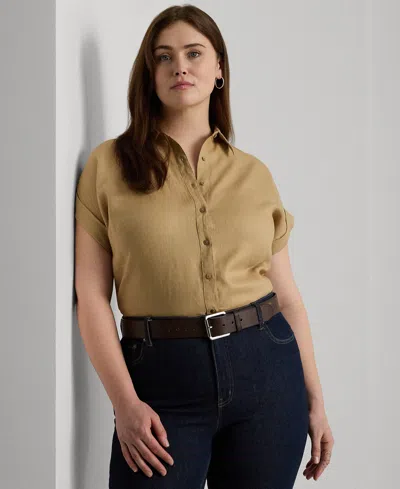Ralph Lauren Plus Size Linen Dolman-sleeve Shirt In Birch Tan